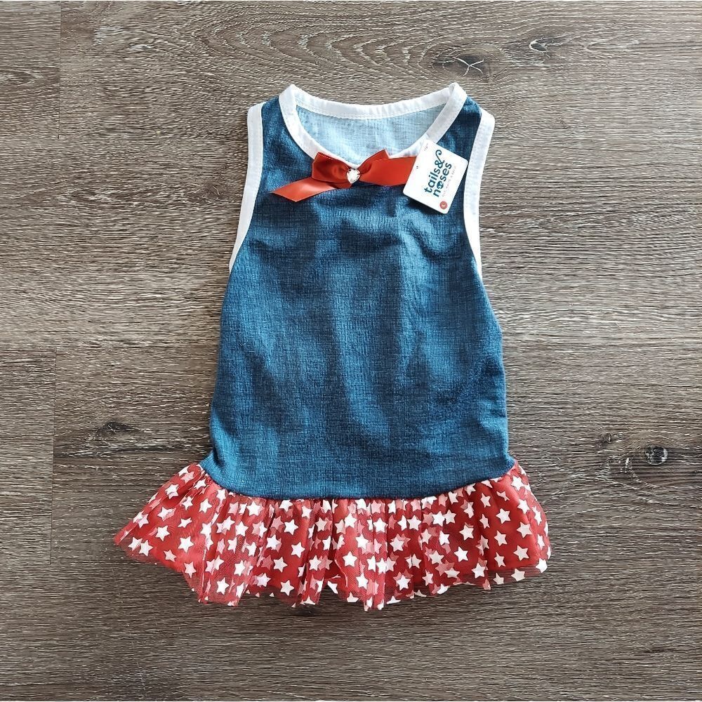 Tails and Noses Dog Shirt Dress Tutu Outfit Bow 4th of July Patriotic Size Large